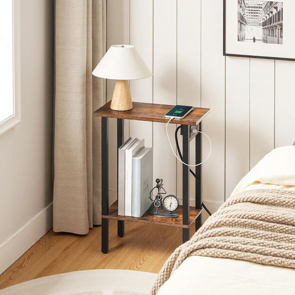 HOOBRO Narrow Side Table, 2-Tier Slim End Table with Charging Station, Skinny Nightstand with Open Storage, for Small Spaces, Living Room, Bedroom, Study, Rustic Brown and Black BF240UBZ01