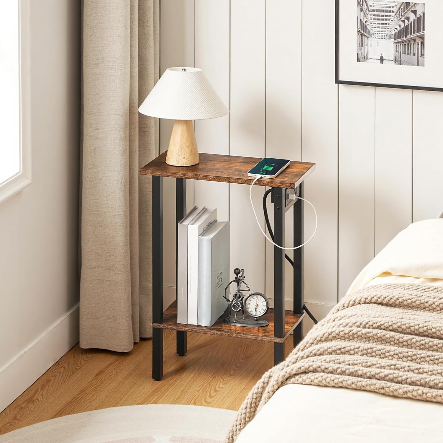 HOOBRO Narrow Side Table, 2-Tier Slim End Table with Charging Station, Skinny Nightstand with Open Storage, for Small Spaces, Living Room, Bedroom, Study, Rustic Brown and Black BF240UBZ01