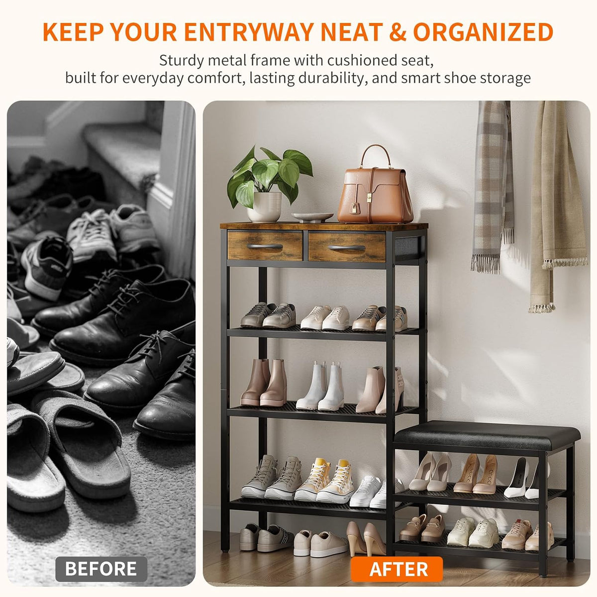 HavenlyYouth Shoe Rack Bench Cushioned with 2 Drawers & 5-Tier Entryway Organizer, Metal Frame Wood Top, Narrow Hallway Bench for Boots, Holds 16-20 Pairs, Space-Saving for Closet & Front Door