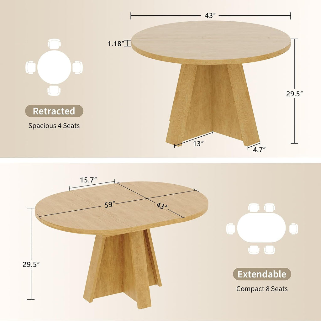 iPormis 43.3in-59in Extendable Round Dining Table for 4-6, Modern Wooden Kitchen Table for Dining Room, Adjustable Size Oval Circle Dinner Tables Furniture for Kitchen Living Room, Natural