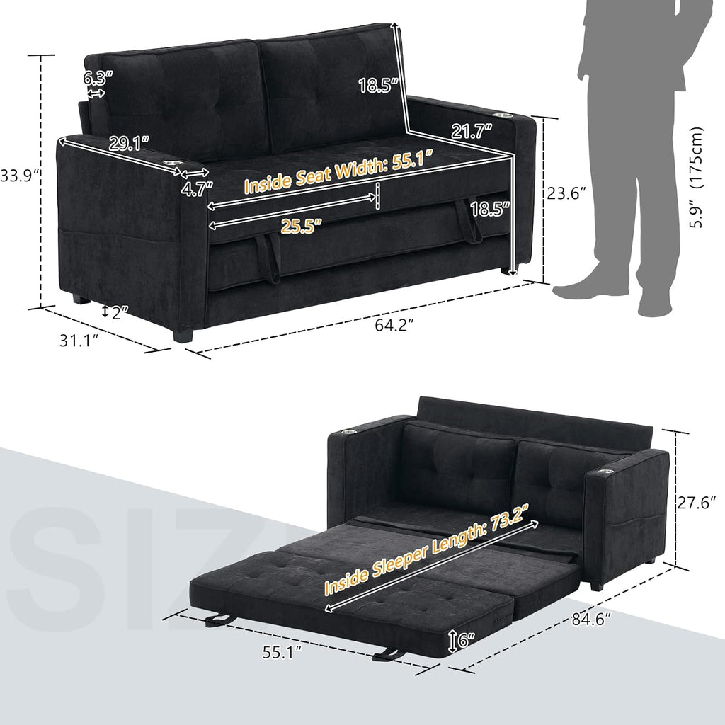 VINGLI Upgraded 64" W 84" L Full Size Futon Sofa Bed, 6" Thick Upholstery Chenille Loveseat Sofa Sleeper Pull Out Couch,Convertible Floor Couch for Living Room, Bedroom, Entertainment Room, Black