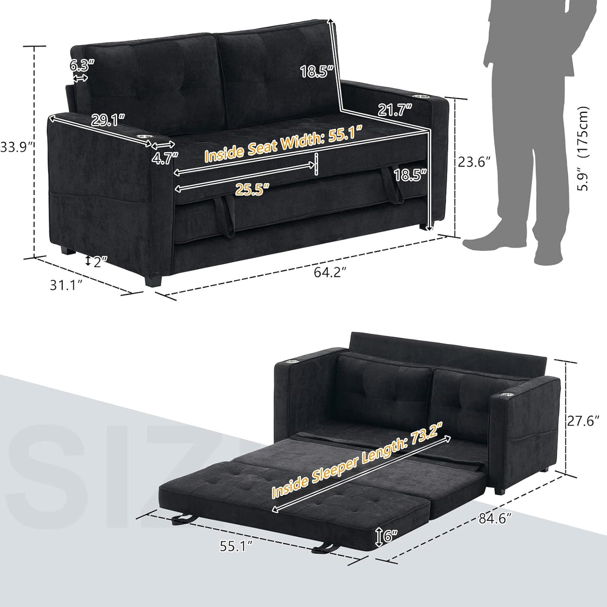 VINGLI Upgraded 64" W 84" L Full Size Futon Sofa Bed, 6" Thick Upholstery Chenille Loveseat Sofa Sleeper Pull Out Couch,Convertible Floor Couch for Living Room, Bedroom, Entertainment Room, Black