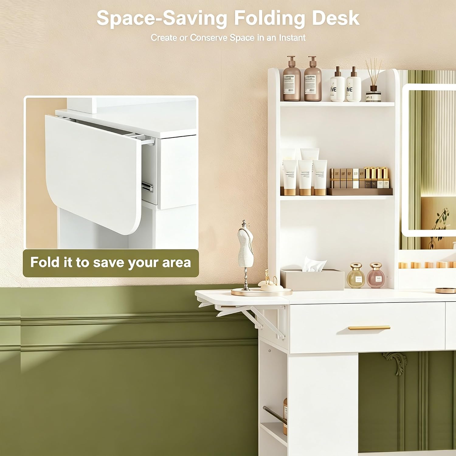 ERLEJIA Vanity Desk with Mirror and Lights, 43.31" Makeup Table Without Stool, Extra Foldable Desk with 3 Open Shelves 4 Drawers Dressing Table for Girls and Ladies Bedroom, White