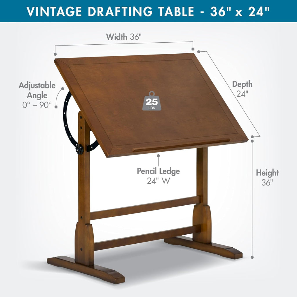 Studio Designs Vintage Rustic Oak Drafting Table, Top Adjustable Drafting Table Craft Table Drawing Desk Hobby Table Writing Desk Studio Desk, 36''W x 24''D