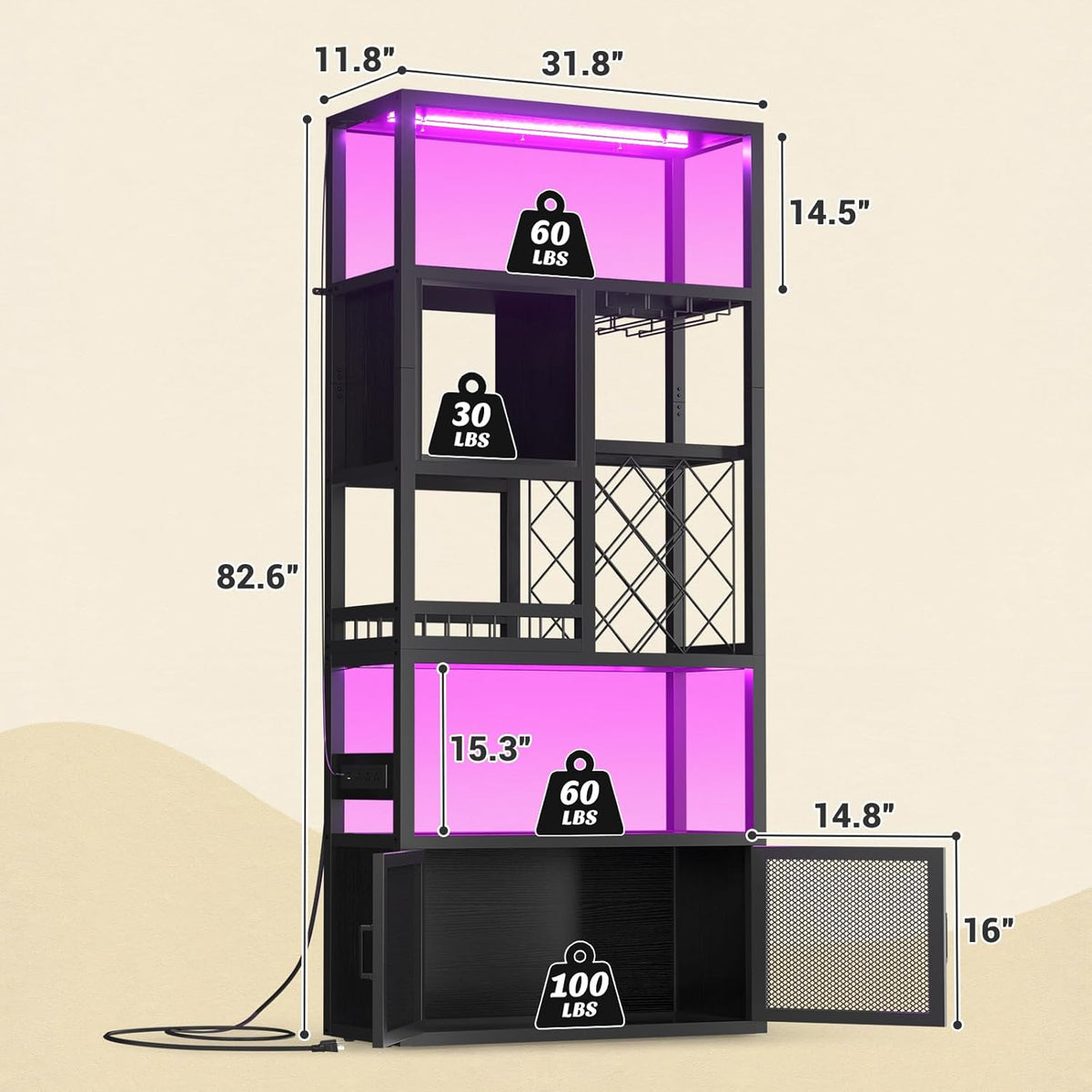Armocity 82.6" Tall Bar Cabinet with Power Outlets & LED Lights, Liquor Cabinet Bar for Home, Reversible Coffee Station Wine Cabinet with Glass Holder & Wine Rack for Small Space, Black