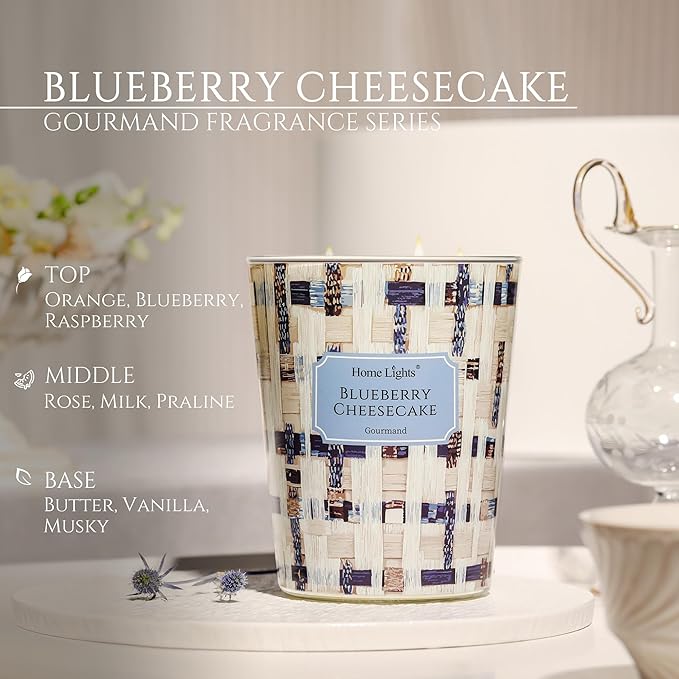 HomeLights Scented Candles for Women & Men, 34oz Candle Jars Aromatherapy 3-Wick Candle, Ideal for Rustic Modern Home Decor and Gifts, Blueberry Cheesecake