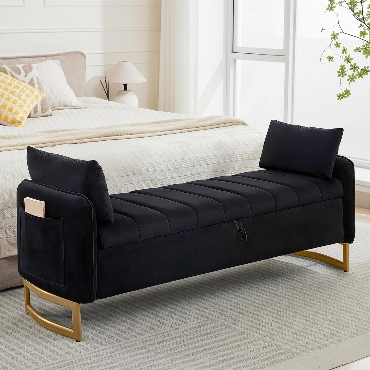 66" End of Bed Storage Bench King Size, Storage Benches for Bedroom, Black | Velvet Upholstered Foot of Bed Bench, Storage Ottoman Benches with Golden Legs, Pillows and Side Pockets for Window, Entryway