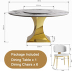 7-Piece Round Dining Table Set, Sintered Stone Faux Marble Dining Table with Lazy Susan& Stainless Steel Gold Base,6 Pcs White Dining Chairs Kitchen Dining Room Table Set