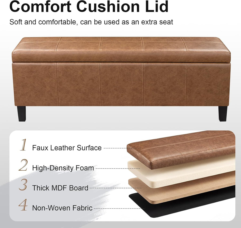 Faux Leather Storage Bench Ottoman, 50 Inch Upholstered Storage Bench with Large Compartment, Durable Accent Seating Bench for Entryway, Bedroom, Living Room Furniture