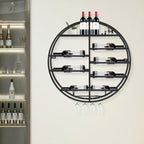 23.6 Inch Wall Mounted Wine Rack w/Glass Holder, Round Iron Wine Shelf, 7 Bottle Horizontal Storage & 4 Glass Hanging Rail, Modern Floating Display for Kitchen & Bar (Black/Gold) (Black)