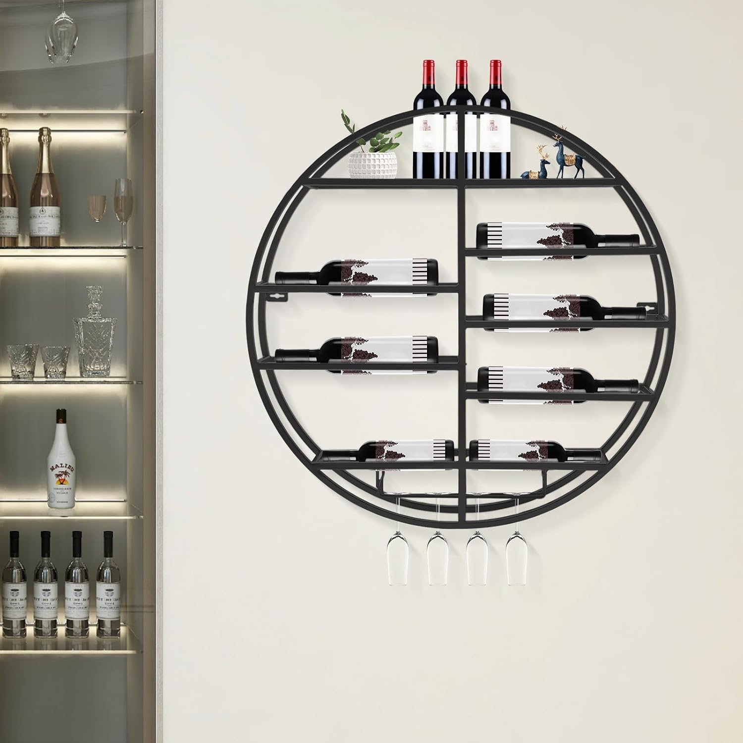 23.6 Inch Wall Mounted Wine Rack w/Glass Holder, Round Iron Wine Shelf, 7 Bottle Horizontal Storage & 4 Glass Hanging Rail, Modern Floating Display for Kitchen & Bar (Black/Gold) (Black)