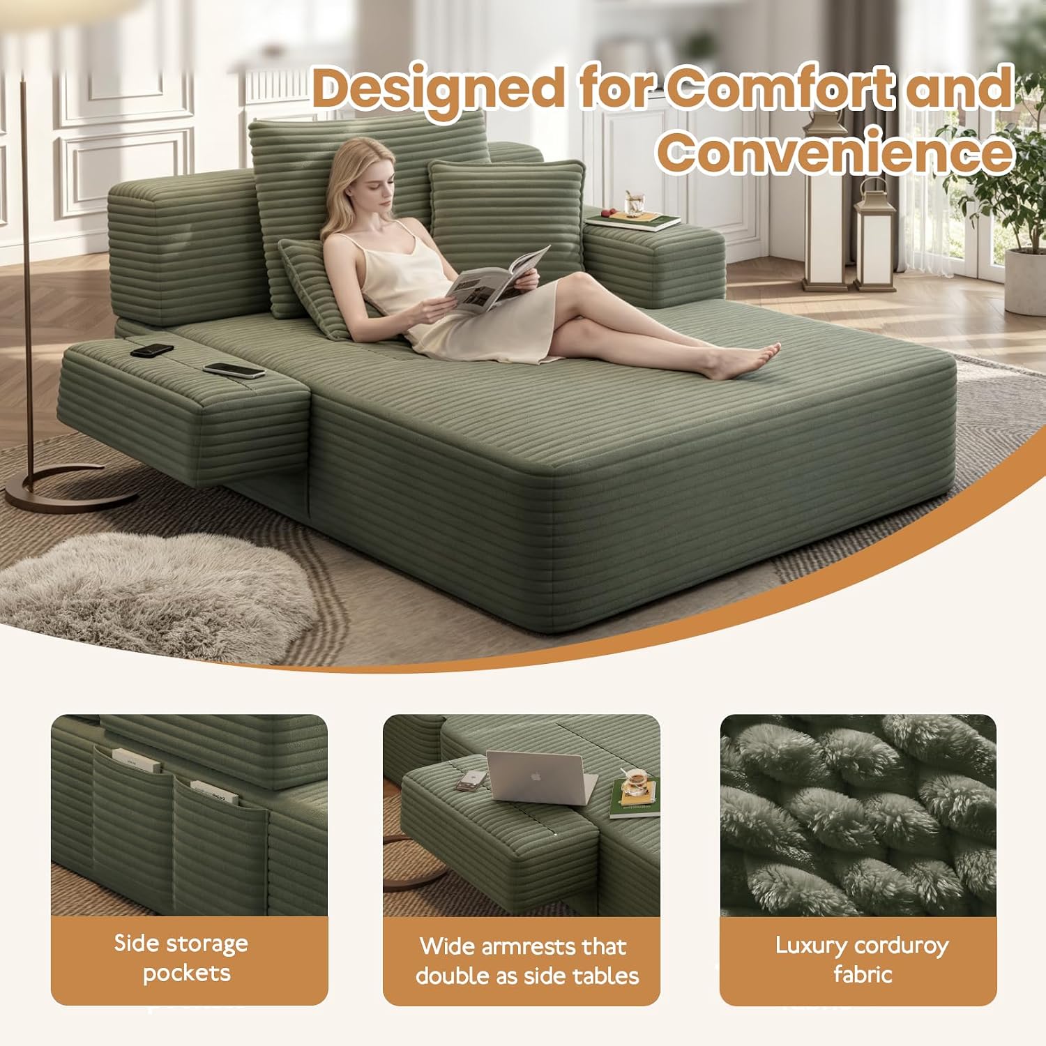 60.2 Inch Chaise Lounge Chair Indoor, Oversized Chaise Lounge with Adjustable Backrest and Armrests, Luxurious Corduroy Convertible Sofa Bed with Storage Pocket for Small Spaces, Apartment (Green)