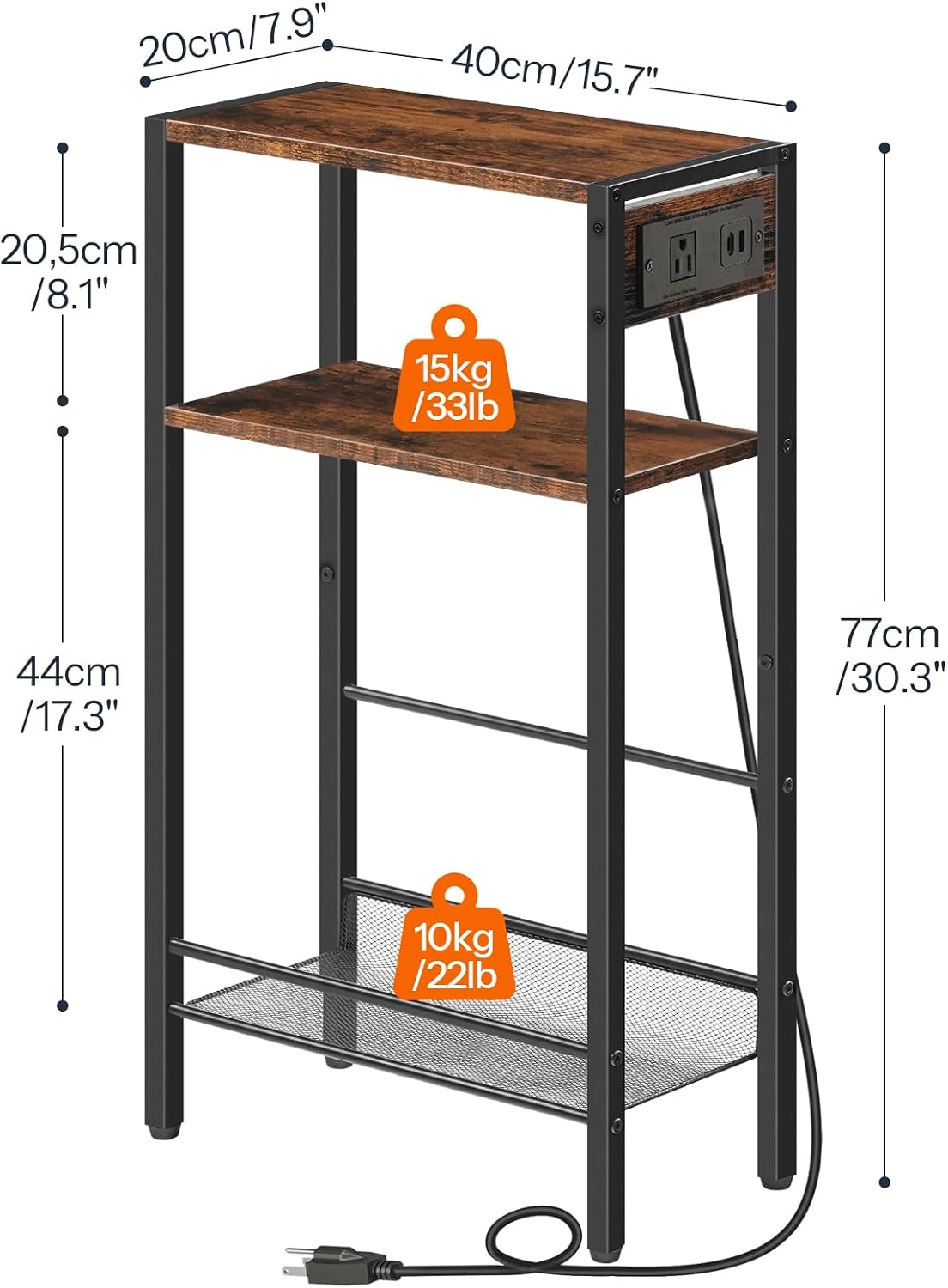 HOOBRO 15.7" Narrow Console Table with Charging Station, 3 Tier Entryway Table for Small Space, Behind Couch Table, Sofa Table, for Entryway, Hallway, Living Room, Rustic Brown and Black BF42UXG01