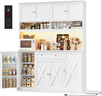 HIFIT 72.8”Hx55”W Pantry Cabinet with LED & Charging Station, Kitchen Hutch | Farmhouse Coffee Bar Cabinet with Storage Drawer, Large Countertop, Swing-Out Door, Hutch Cabinet with Storage, White