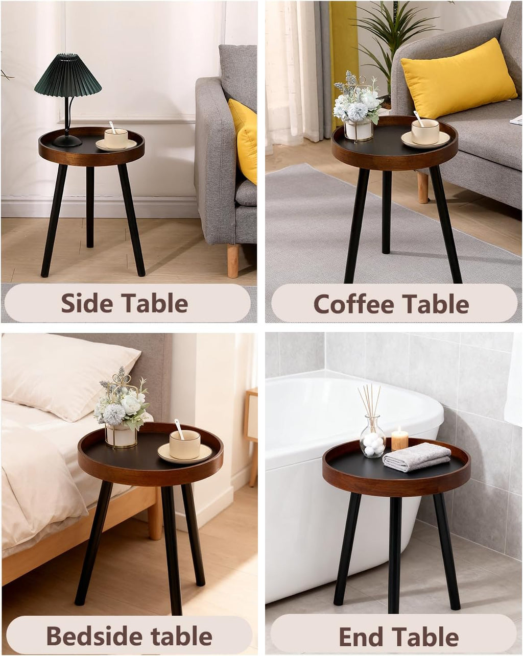Small Round Side Table, Solid Wood End Table with 3 Metal Legs, Modern Accent Table Circle Coffee Table for Living Room Bedroom Office and Small Spaces, 15.7 * 15.7 * 18 inch