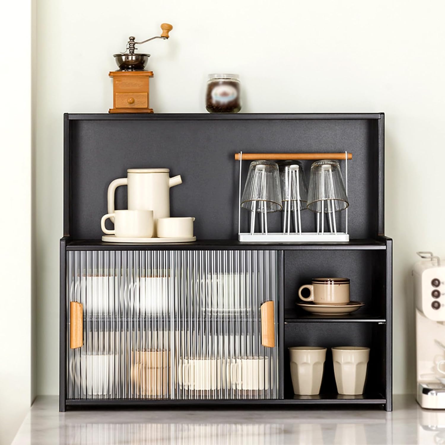 3-Tier Kitchen Pantry Sideboard Cabinet with Sliding Glass Doors, Storage Organizer for Dining Room, Ideal for Spices, Bottles, and Bowls, Countertop Accessory