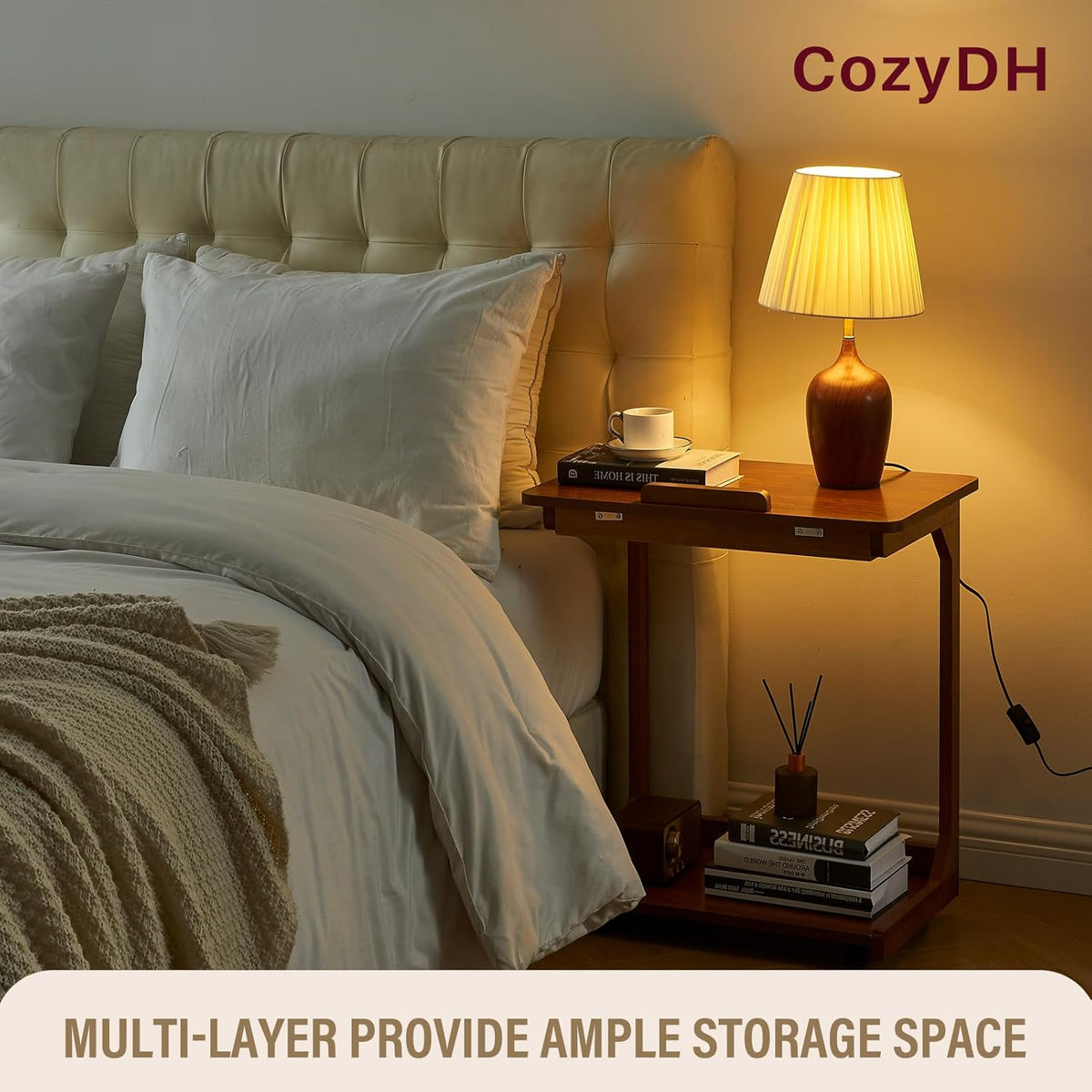 CozyDH Bedroom Side Table - Wooden End Tables Bedroom, C Shaped End Table with Wheels, Small Rolling Table for Bedside, Skinny Tray Desk for Sofa/Couch/Living Room, Teak
