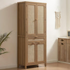 SICOTAS 72 inch Pantry Cabinet with Drawer & 4 Doors, Rattan Buffet Cabinet | Farmhouse Boho Freestanding Cupboard Pantry, Tall Storage Cabinet with Storage for Living Room, Dining Room