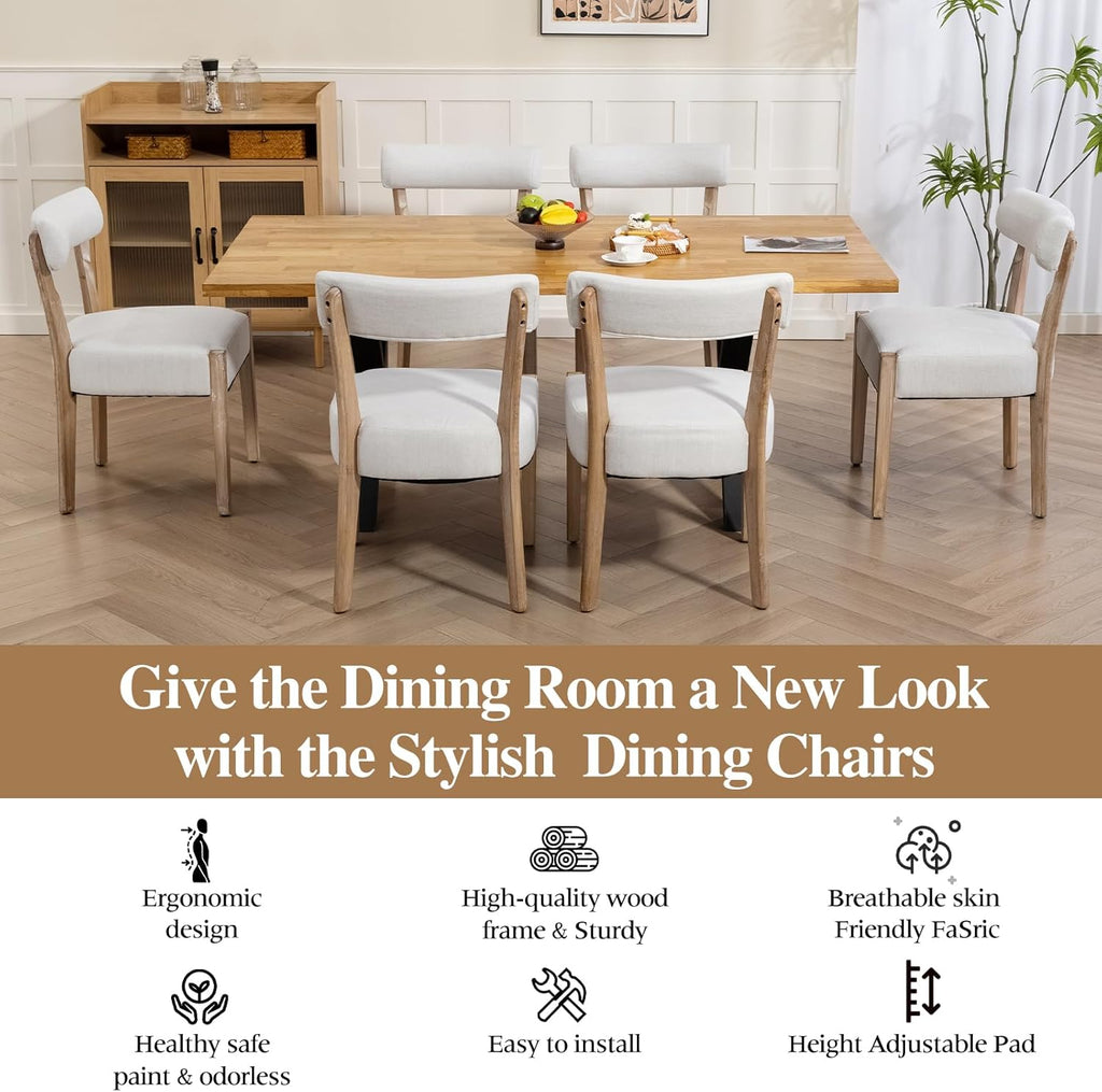 ZJhome Dining Chairs Set of 4, Mid-Century Modern Wooden Kitchen Chairs with Linen Upholstery - Low-Back Woven Design for Kitchen & Dining Room, Beige Fabric