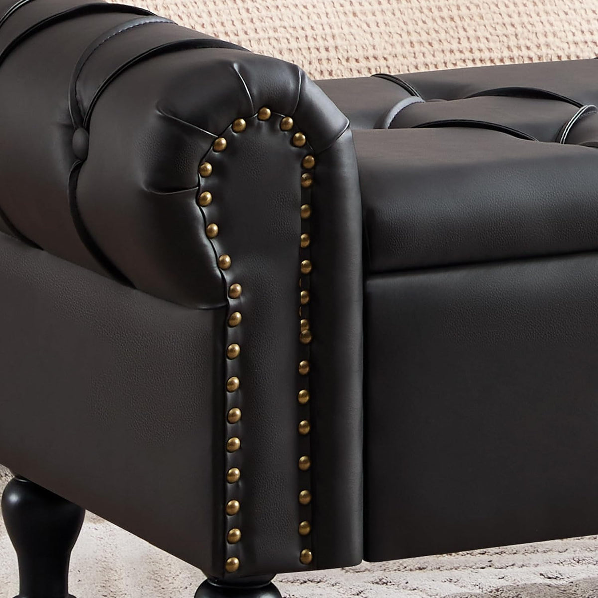 Storage Bench for Bedroom, Faux Leather 51" End of Bed Bench, Queen Size Bench with Rolled Arms, Tufted Storage Ottoman Benches, Upholstered Bench for Bedroom, Living Room, Entryway, Black
