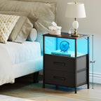 TRIFEBLE Nightstands Set of 2, Night Stand with Charging Station and Led Lights, Bedside Table with 2 Fabric Drawers for Bedroom, Small Side End Table with Open Shelf, Black