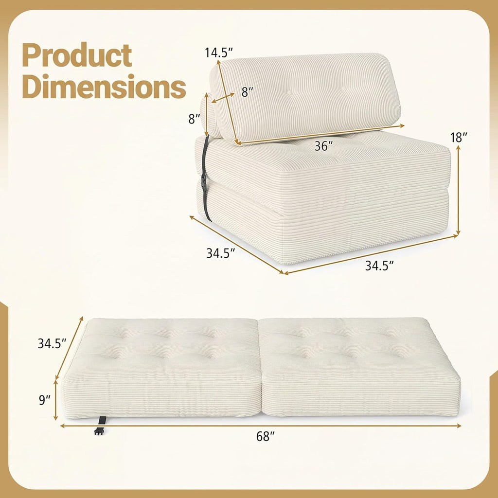 KOMFOTT Convertible Folding Sofa Bed with Pillow, Fold Out Sleeper Chair with Back Support, Tufted Corduroy Floor Sofa with Fixing Straps for Living Room Bedroom Guest Room (Beige)