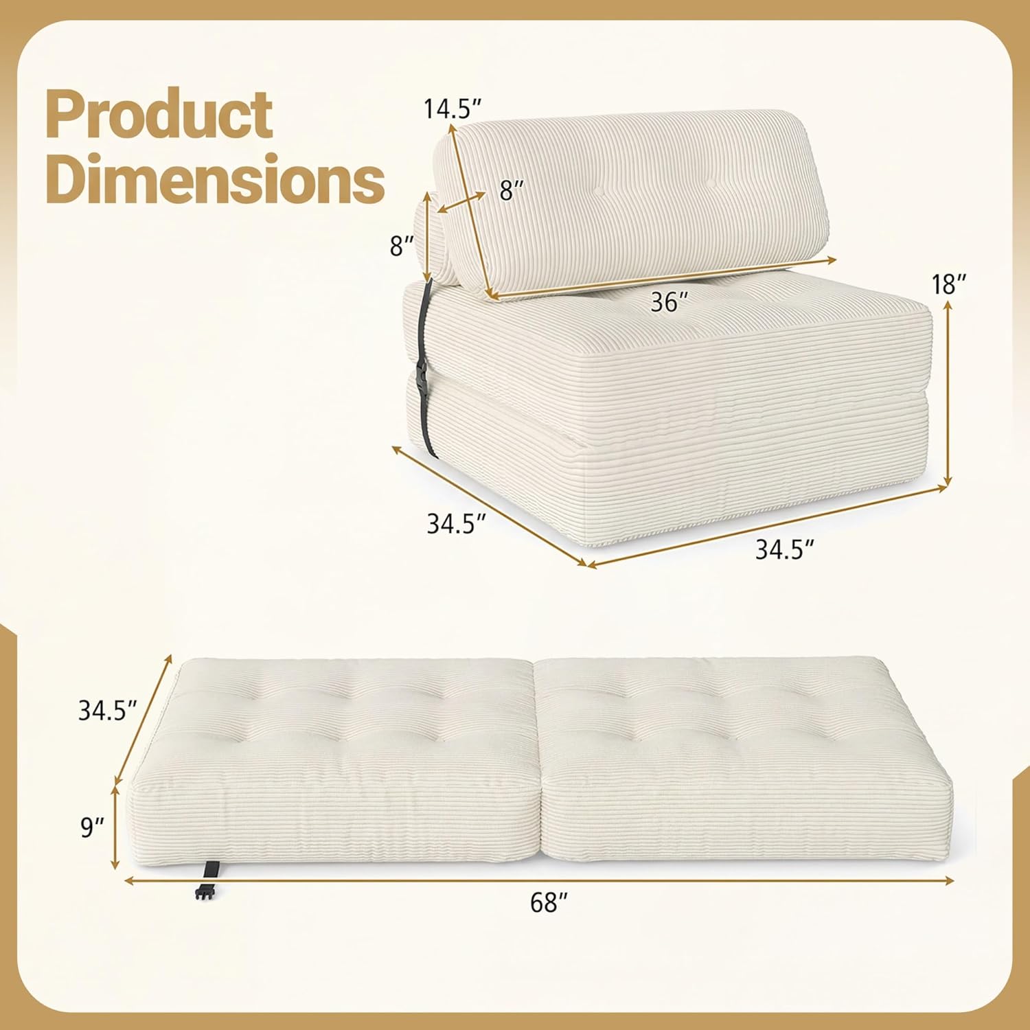 KOMFOTT Convertible Folding Sofa Bed with Pillow, Fold Out Sleeper Chair with Back Support, Tufted Corduroy Floor Sofa with Fixing Straps for Living Room Bedroom Guest Room (Beige)