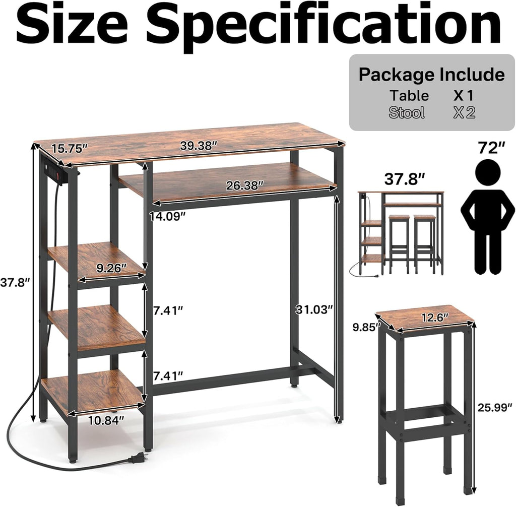 3-Piece Bar Table and Chairs Set,Counter Height Bar Table Set with Power Outlets and Storage Shelves,Dining Table Set with 2 Chairs,Industrial Table Chairs Set for Bar,Kitchen,Apartment
