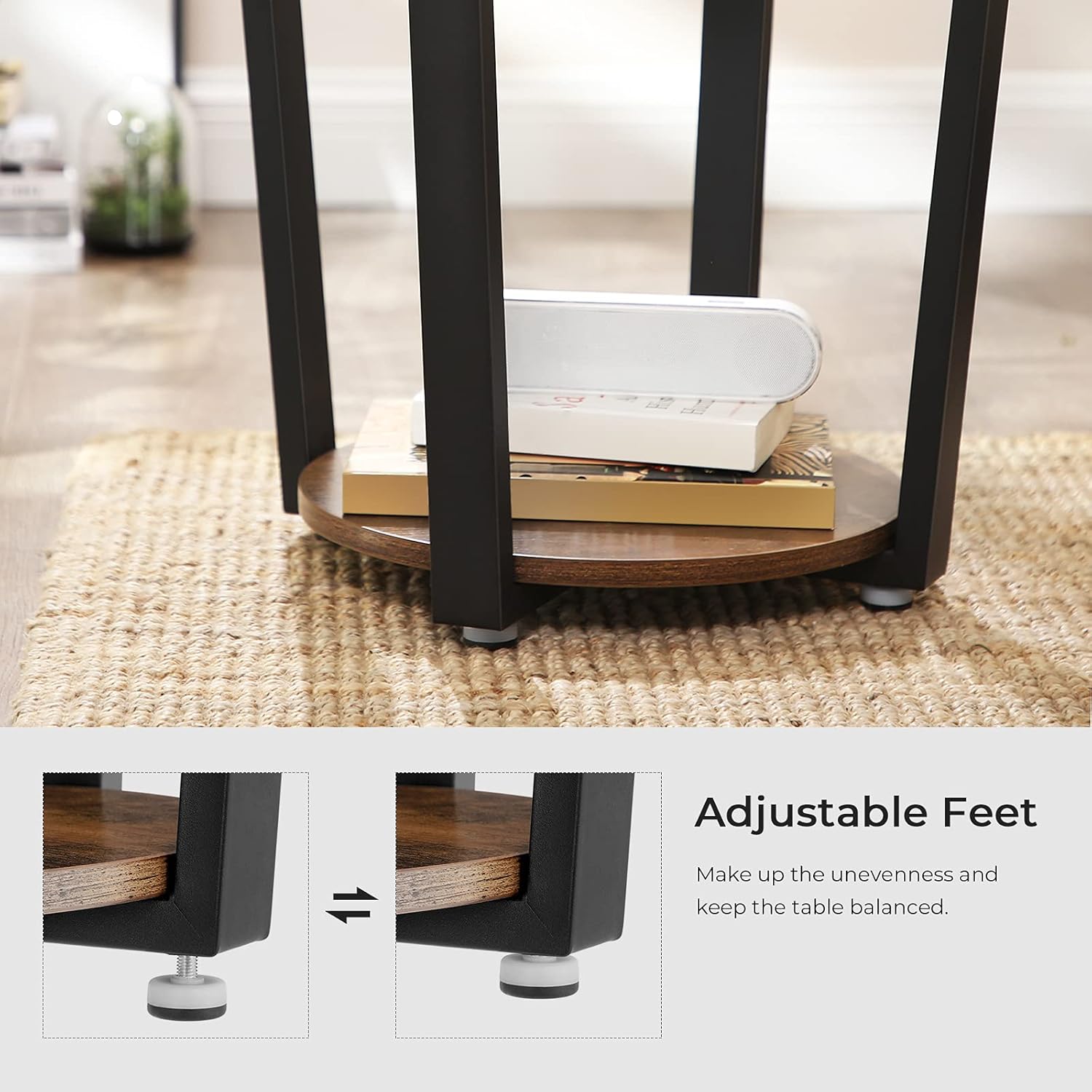 VASAGLE Round Side End Table, 2-Tier Accent Bedside Table with Storage Shelf, Easy Assembly, Nightstand for Small Spaces, Living Room, Bedroom, Rustic Brown and Ink Black ULET57X