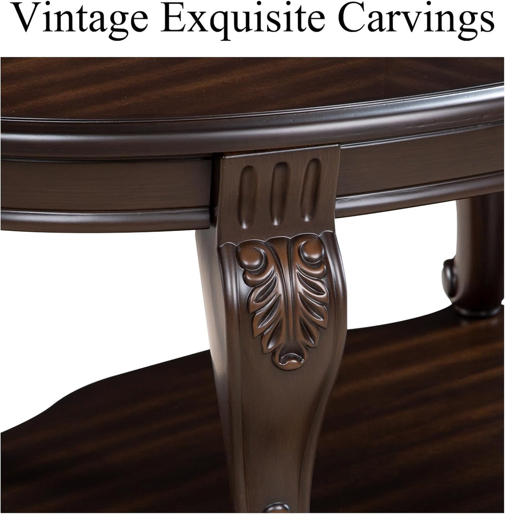 Vintage Small Round End Table 22" Wood Side Table, Antique Table Legs with Elegant Carvings, Easy Assembly,Espresso