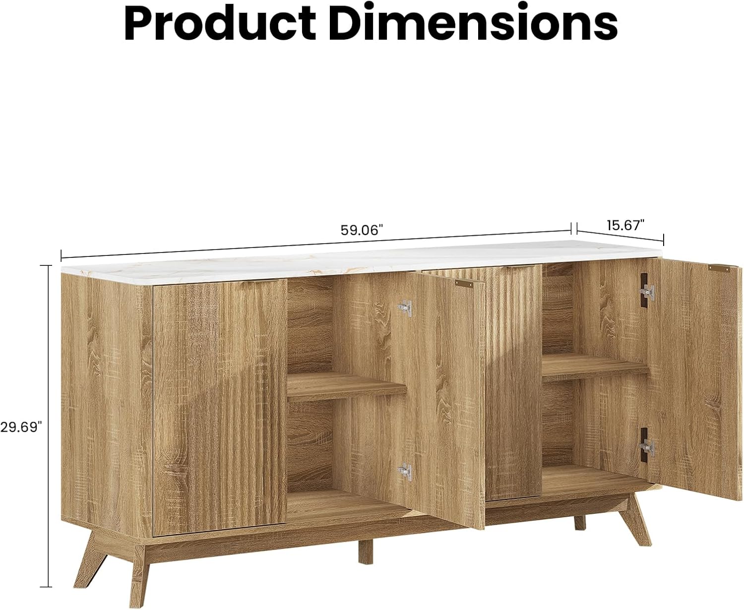 59'' Sideboard Buffet Cabinet with Storage, Fluted Cabinet with Rounded Corners, Modern Buffet Table Accent with 4 Doors for Coffee Bar, Console Table,Oak