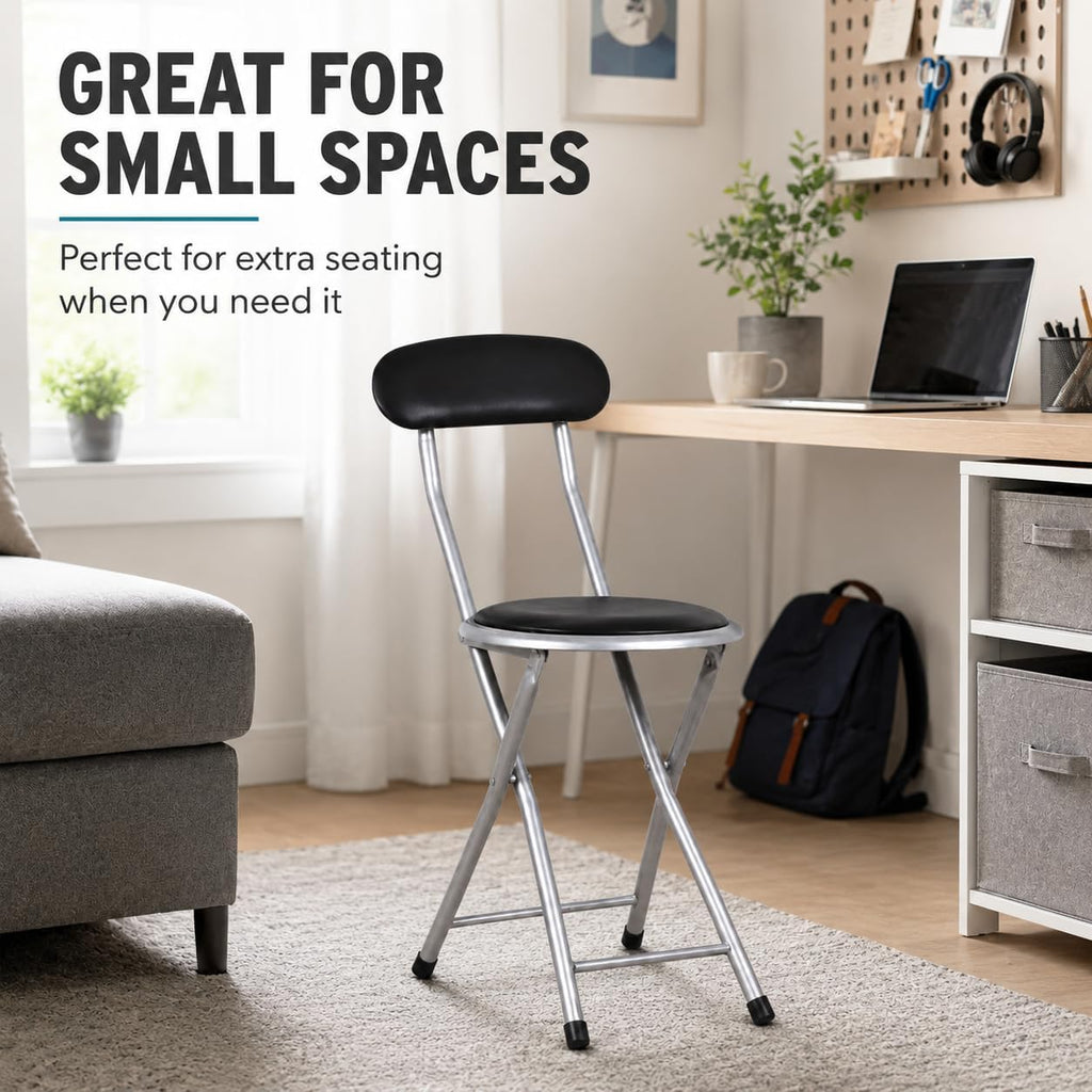 J&V TEXTILES Cushioned Padded Folding Stool with Back | Space-Saving Design, Folds Flat, Padded Backrest, Round Padded Seat, 2.8" Folded Thickness