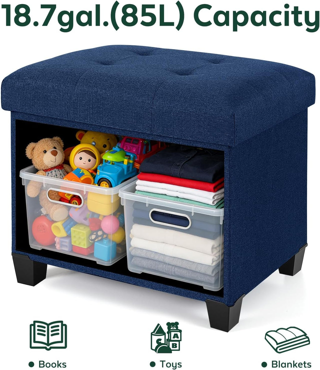 Ottoman with Storage, Rectangular Storage Ottoman, Linen Ottomans with Legs for Living Room Bedroom Dorm, 23.6" D x 17.7" W x 19.9" H, Blue