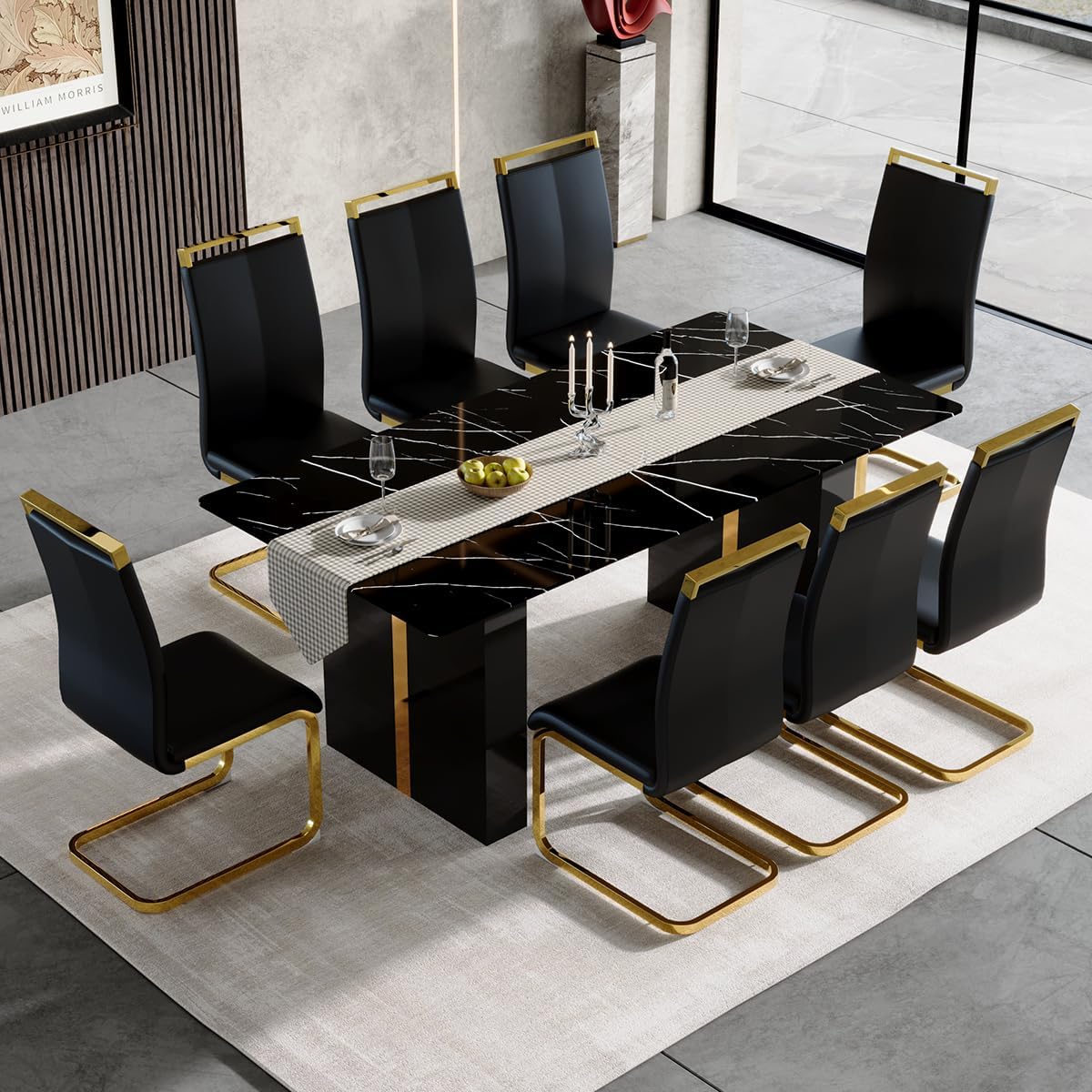8 Chairs Dining Table Set, 71'' Kitchen Table Set for 8, Faux Marble Dining Table Set for 8 with PU Leather Chairs for Kitchen, Dining Room,Easy to Assemble