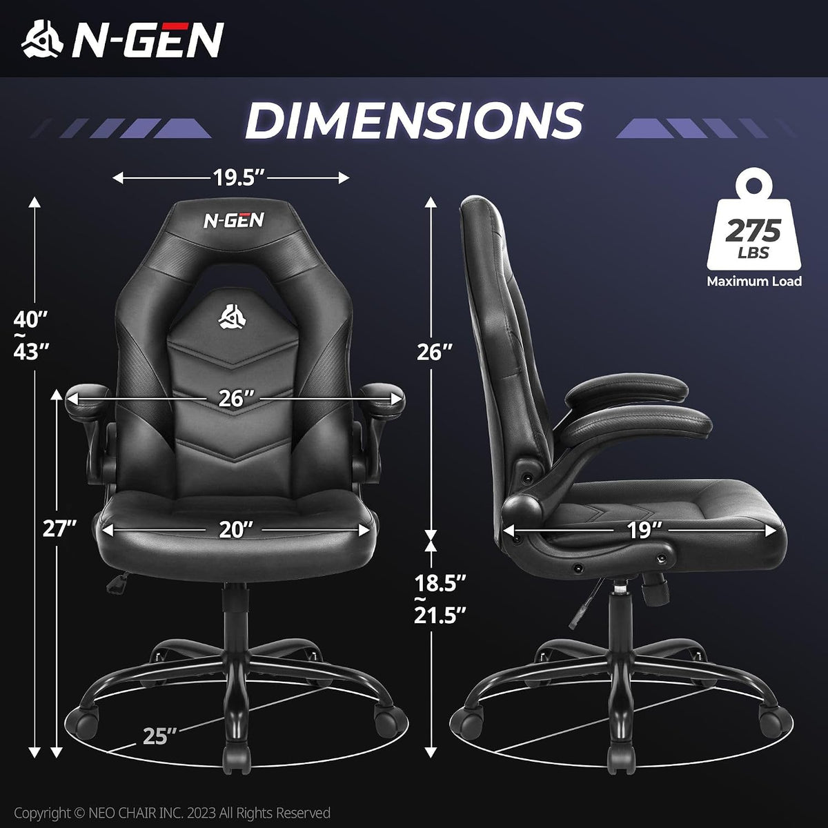 N-GEN Gaming Gaming Chair, Lumbar, PU Leather, Flip-Up Arms, Jet Black | Ergonomic High-Back Design, Adjustable Height with 360° Swivel Wheels, Comfortable Computer Desk Seating for Office and Home