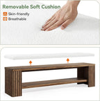 63" Solid Wood Entryway Bench, Farmhouse Upholstered End of Bed Bench with Removable Faux Lambswool Cushion and Fluted Legs, Indoor Long Ottoman for Bedroom, Entryway, Dark Brown