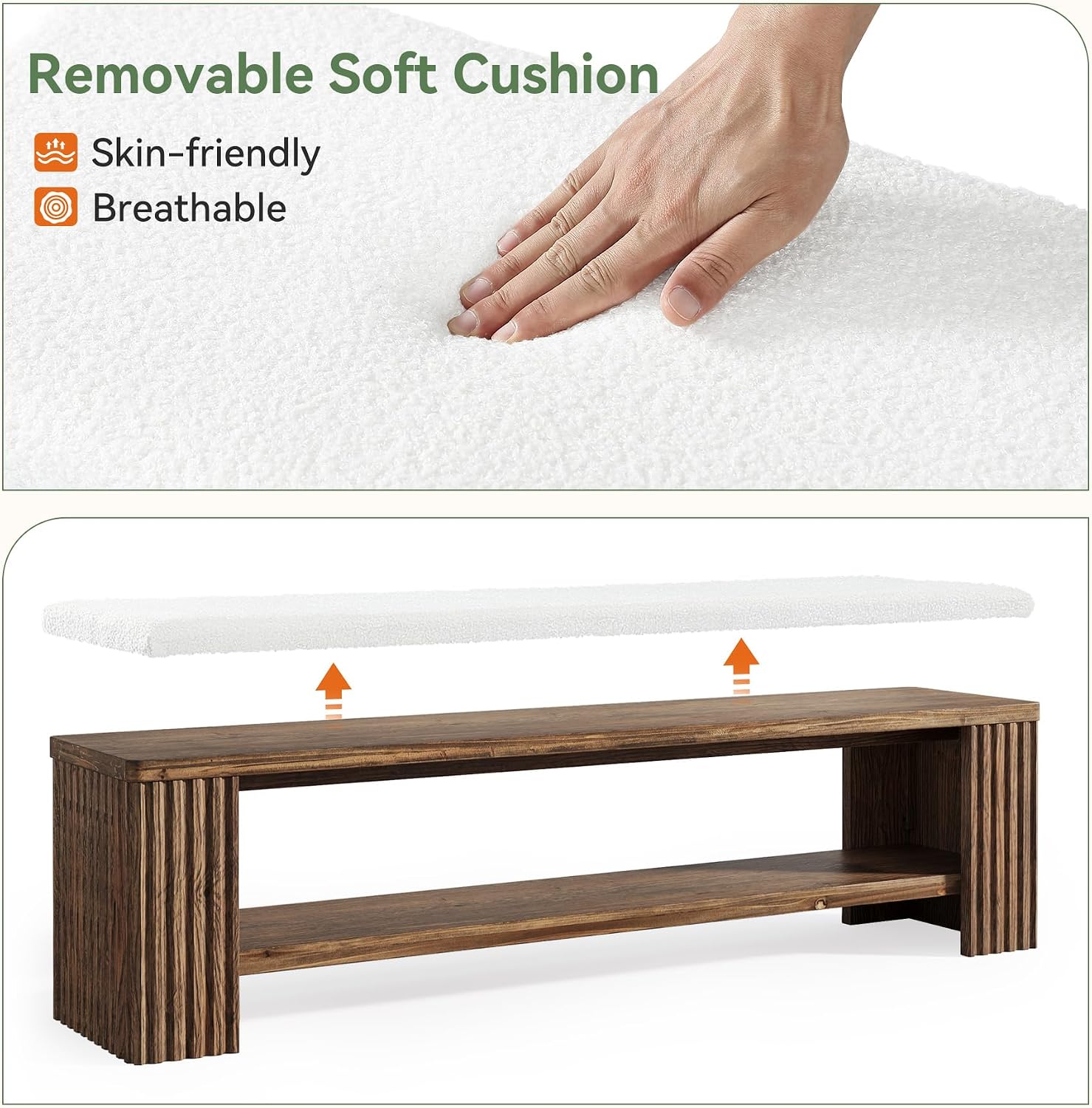 63" Solid Wood Entryway Bench, Farmhouse Upholstered End of Bed Bench with Removable Faux Lambswool Cushion and Fluted Legs, Indoor Long Ottoman for Bedroom, Entryway, Dark Brown