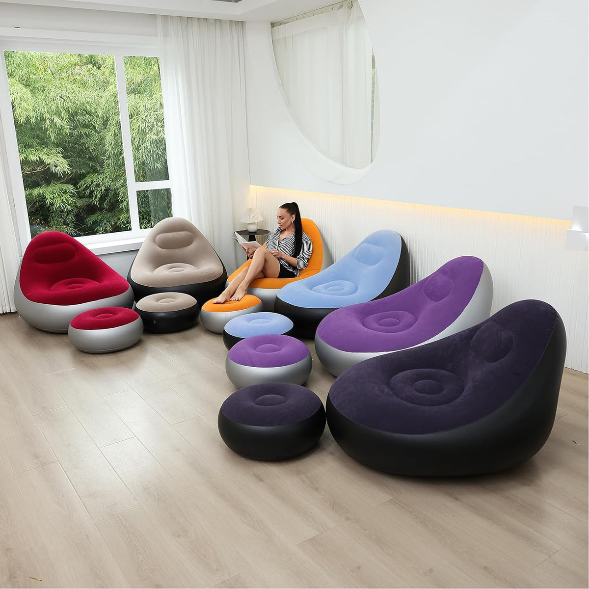 Plush Inflatable Sofa with Foot Pedals, Japanese Lazy Sofa, Thick Seat Cushion, Tatami Style (Orange)