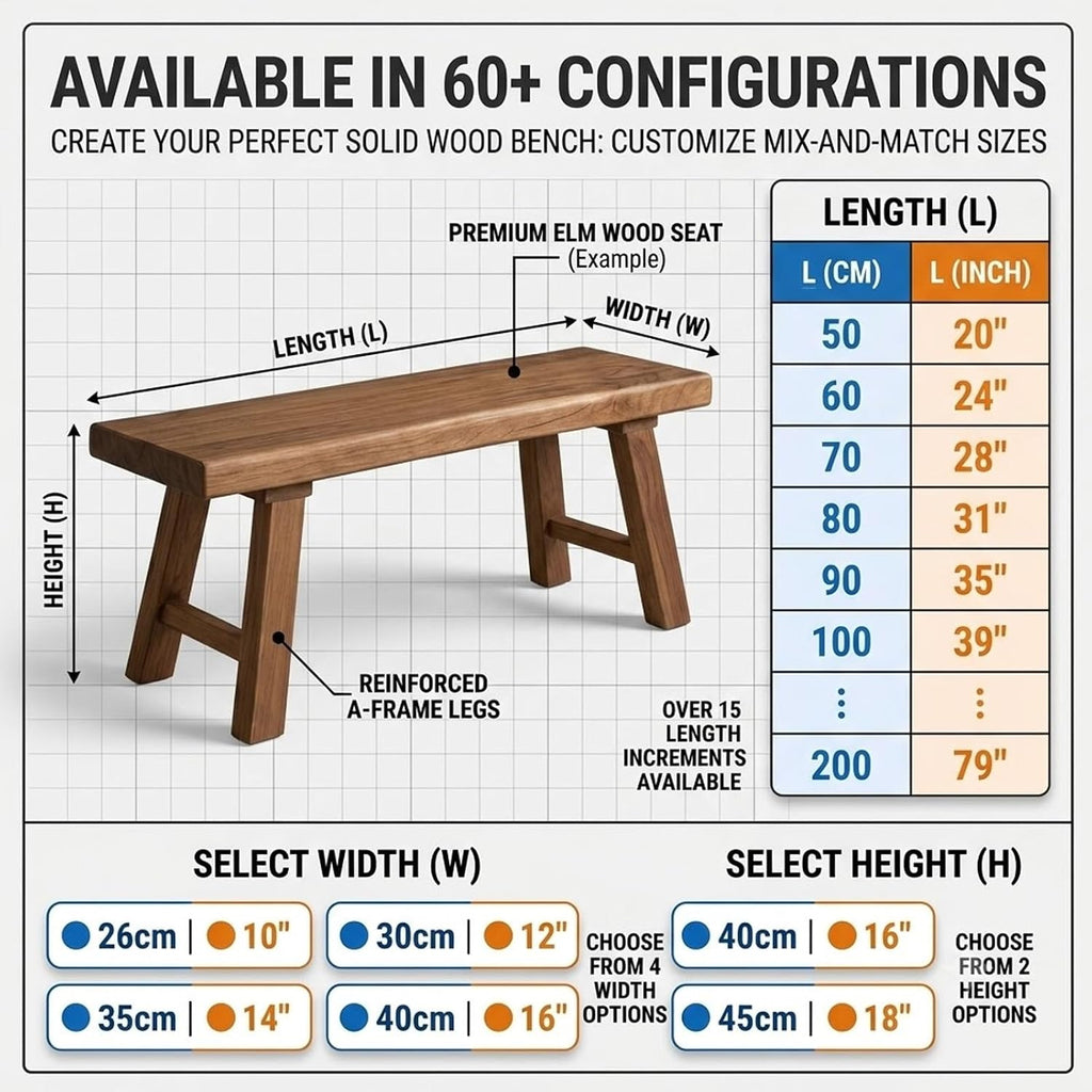 Solid Wood Bench for Entryway, 30" 36" 42" 48" 54" 60" Farmhouse Wood Dining Bench, Rustic Indoor Seating for Kitchen, Living Room & End of Bed(L: 28" x W:12" x H:18")