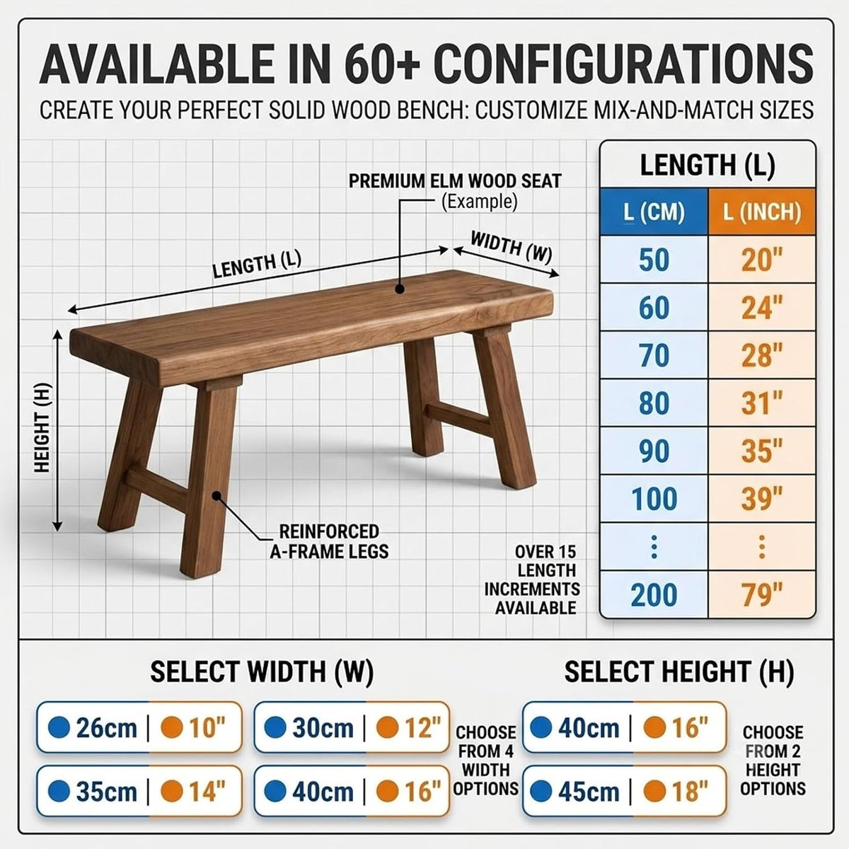 Solid Wood Bench for Entryway, 30" 36" 42" 48" 54" 60" Farmhouse Wood Dining Bench, Rustic Indoor Seating for Kitchen, Living Room & End of Bed(L: 28" x W:12" x H:18")