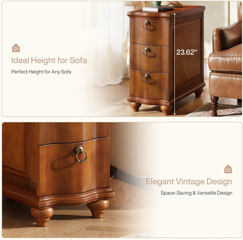 Tribesigns Wood Fully Assembled End Table, 3-Drawers Narrow Slim Side Table, No Assembly Required, Nightstand for Bedside, Small Spaces, Living Room, Bedroom, Walnut Brown