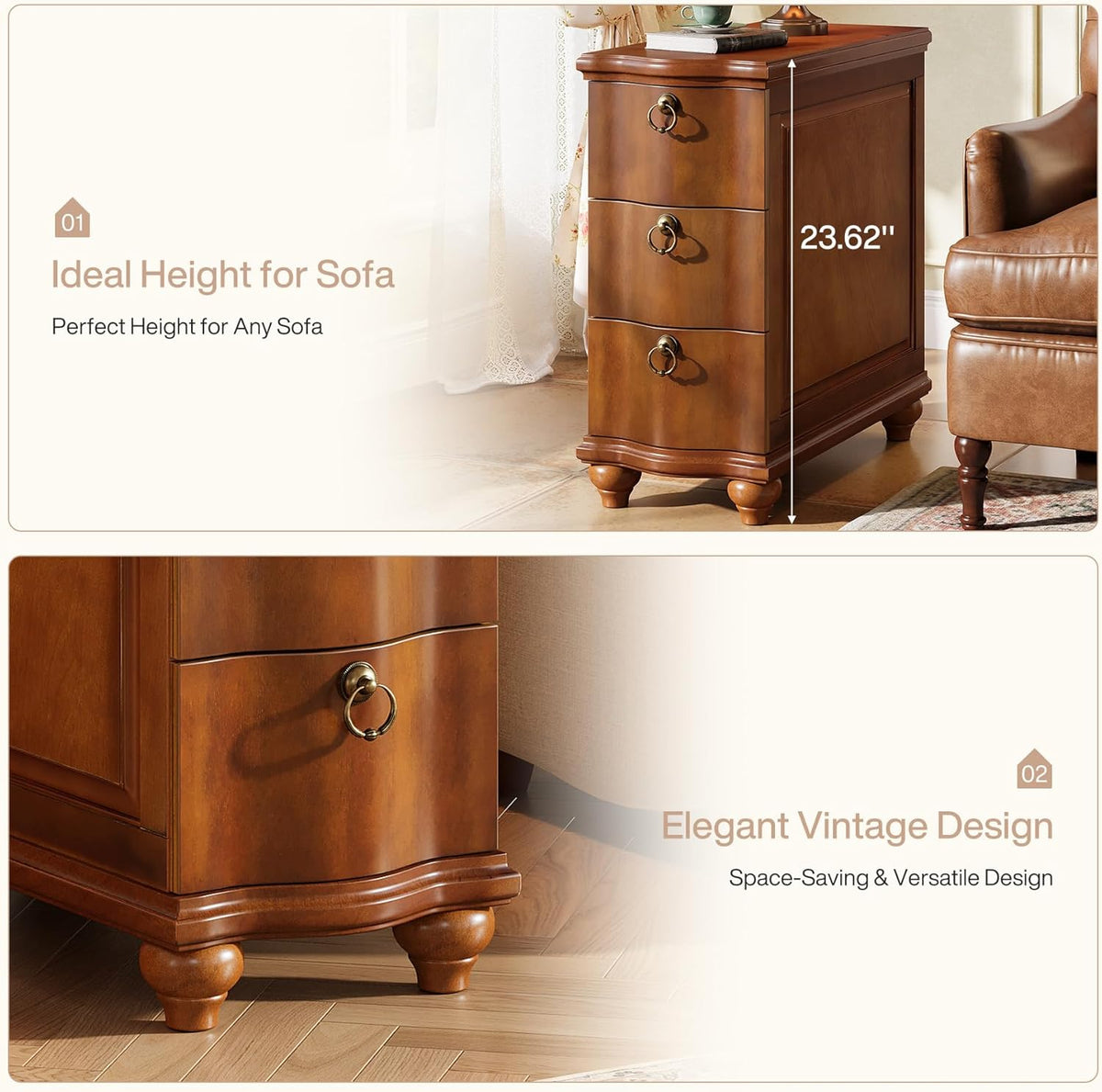 Tribesigns Wood Fully Assembled End Table, 3-Drawers Narrow Slim Side Table, No Assembly Required, Nightstand for Bedside, Small Spaces, Living Room, Bedroom, Walnut Brown