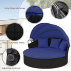 RELAX4LIFE Round Outdoor Daybed with Canopy - Wicker Sectional Sofa Sunbed w/Cushions & 3 Pillows, Rattan Clamshell Conversation Lounger Separated Seating Set for Garden Porch, Patio Day Bed (Navy)