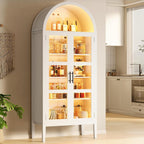 70" Tall Arched Pantry Cabinet with Tempered Glass Doors and LED Lighting - Modern Wood Display Storage with Adjustable Shelves and Acrylic Side Panels - for Kitchen, Dining, Living Room -
