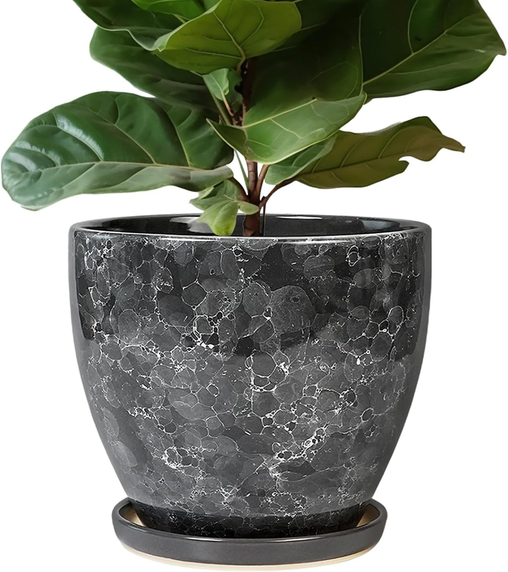 Ceramic Pots for Plants - 10 Inch Planter for Indoor Outdoor, Decorative Round Flower Pot with Drainage Hole and Saucer, Garden Patio Living Room Home Decor, Housewarming Gifts, Grey