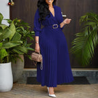 Womens Elegant Dresses Trendy Long Sleeve V Neck Maxi Dresses Flowy Pleated Dresses Formal Cocktail Dresses with Belt