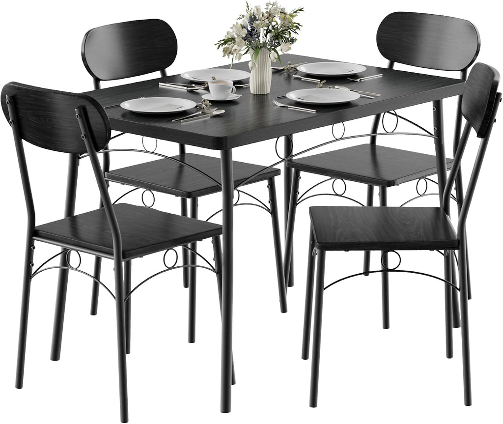 VECELO Dining Table Set for 4, 5-Piece Kitchen Table with 4 Chairs, MDF Board Tabletop with Metal Frame for Small Space, Compact Dinette, Breakfast Nook, Matte Black