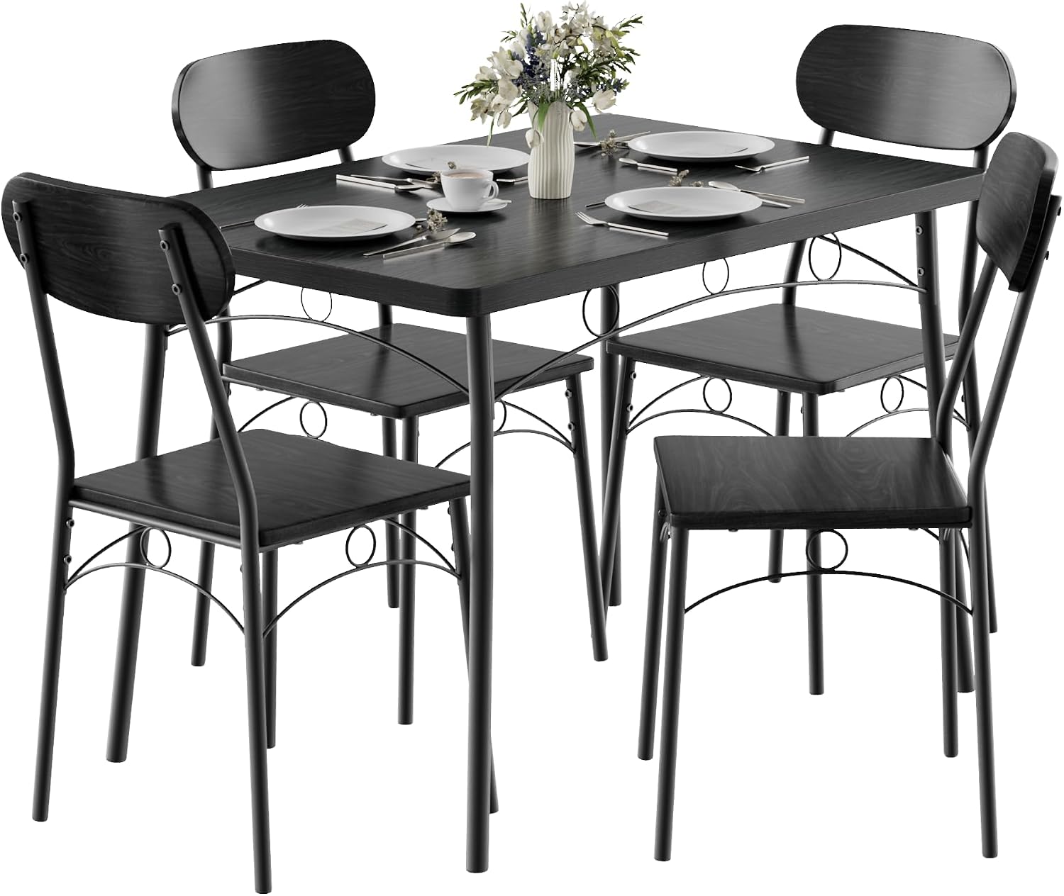 VECELO Dining Table Set for 4, 5-Piece Kitchen Table with 4 Chairs, MDF Board Tabletop with Metal Frame for Small Space, Compact Dinette, Breakfast Nook, Matte Black