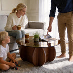 Modern Round Coffee Table with Solid Wood Legs,31.5'' Glass Coffee Tables for Living Room Rustic Circle Center Cocktail Table with Tempered Glass-Top,for Small Spaces, Unique