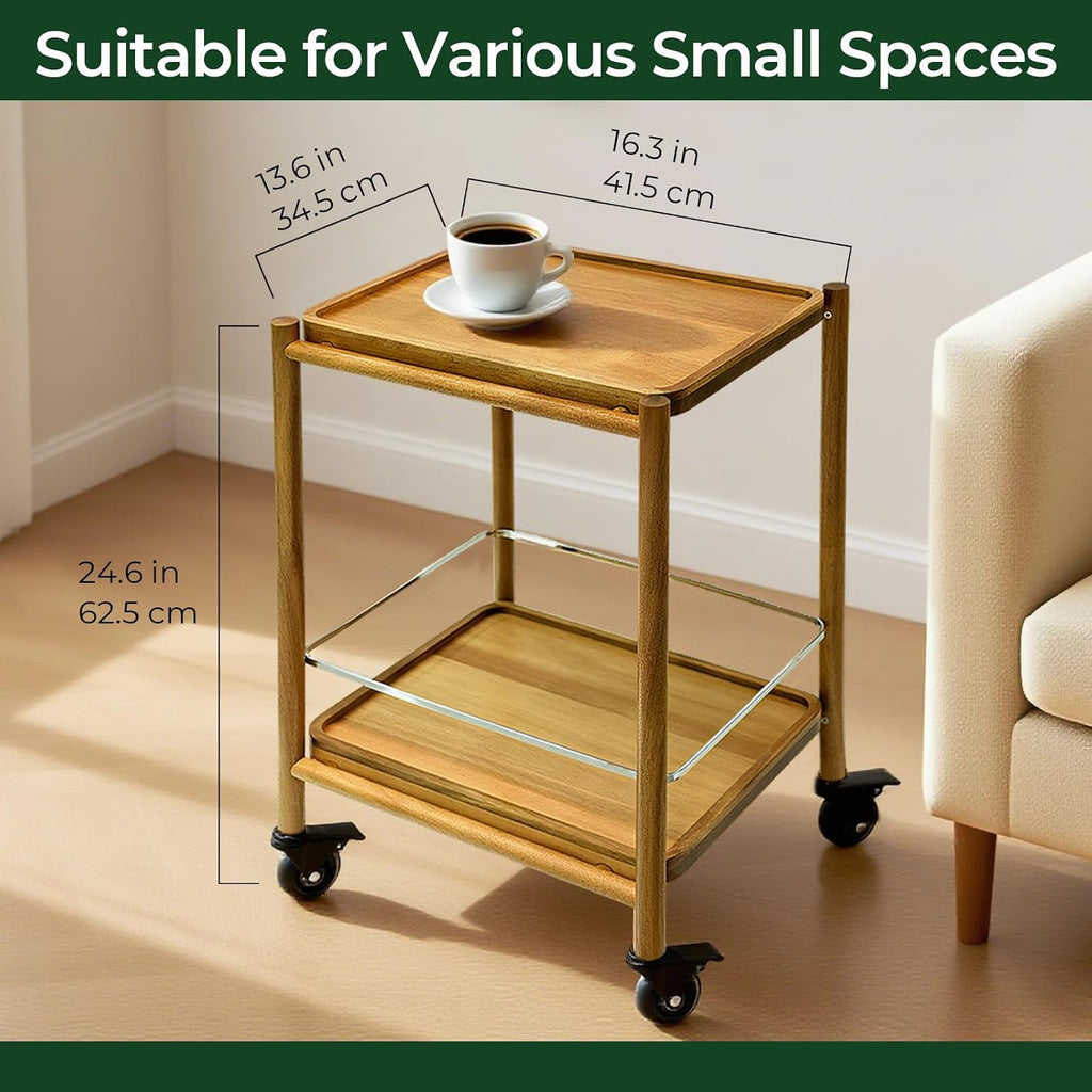 Acacia Wood Rolling Side Table, 2-Tier with Lockable Wheels & Removable Tray, Sturdy Durable for Bar Cart, Nightstand, End Table, Sofa Table